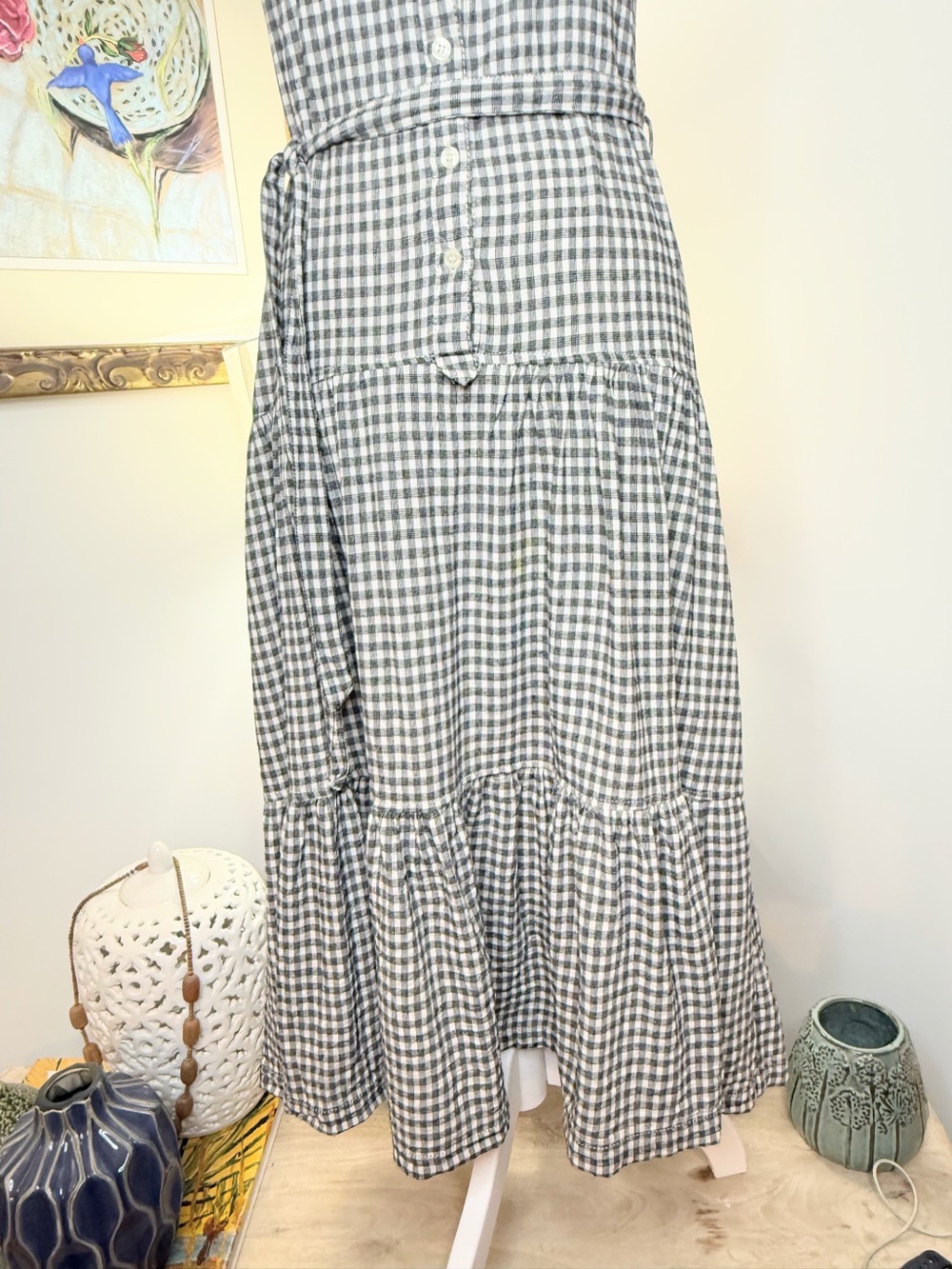 Max Studio Gingham Tiered Midi Dress XS Gray White Sleeveless Belted Cottagecore - Picture 4 of 10